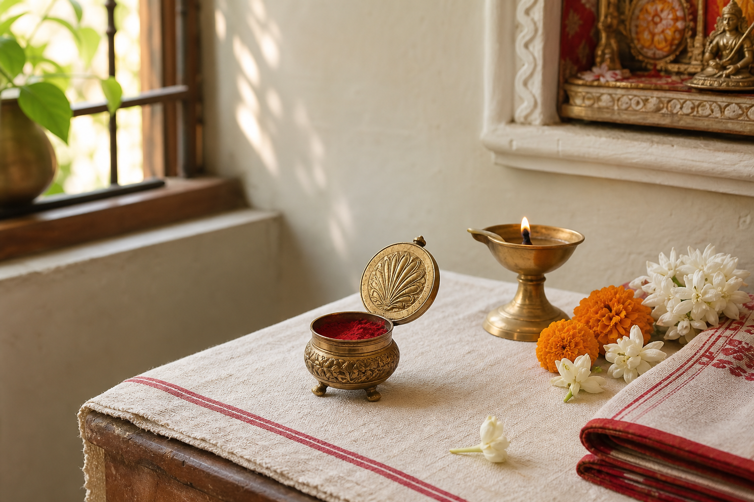 An open metal Sindoor Dabi containing red sindoor sits on a cotton altar cloth beside flowers and a brass oil lamp.