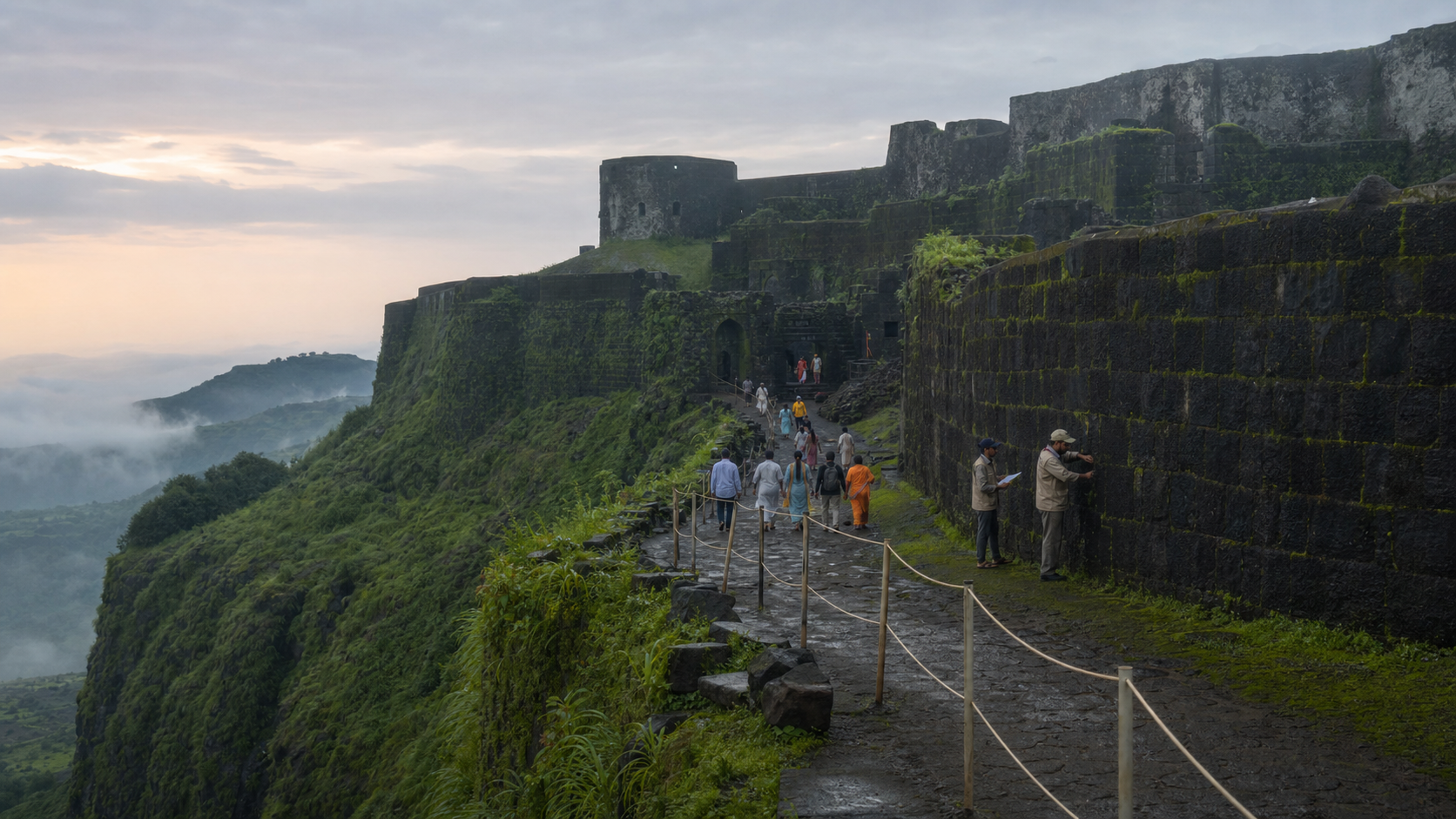 Devotees follow a controlled stone route through the weathered basalt ramparts of Vishalgad while heritage stewards inspect the fort at dawn.