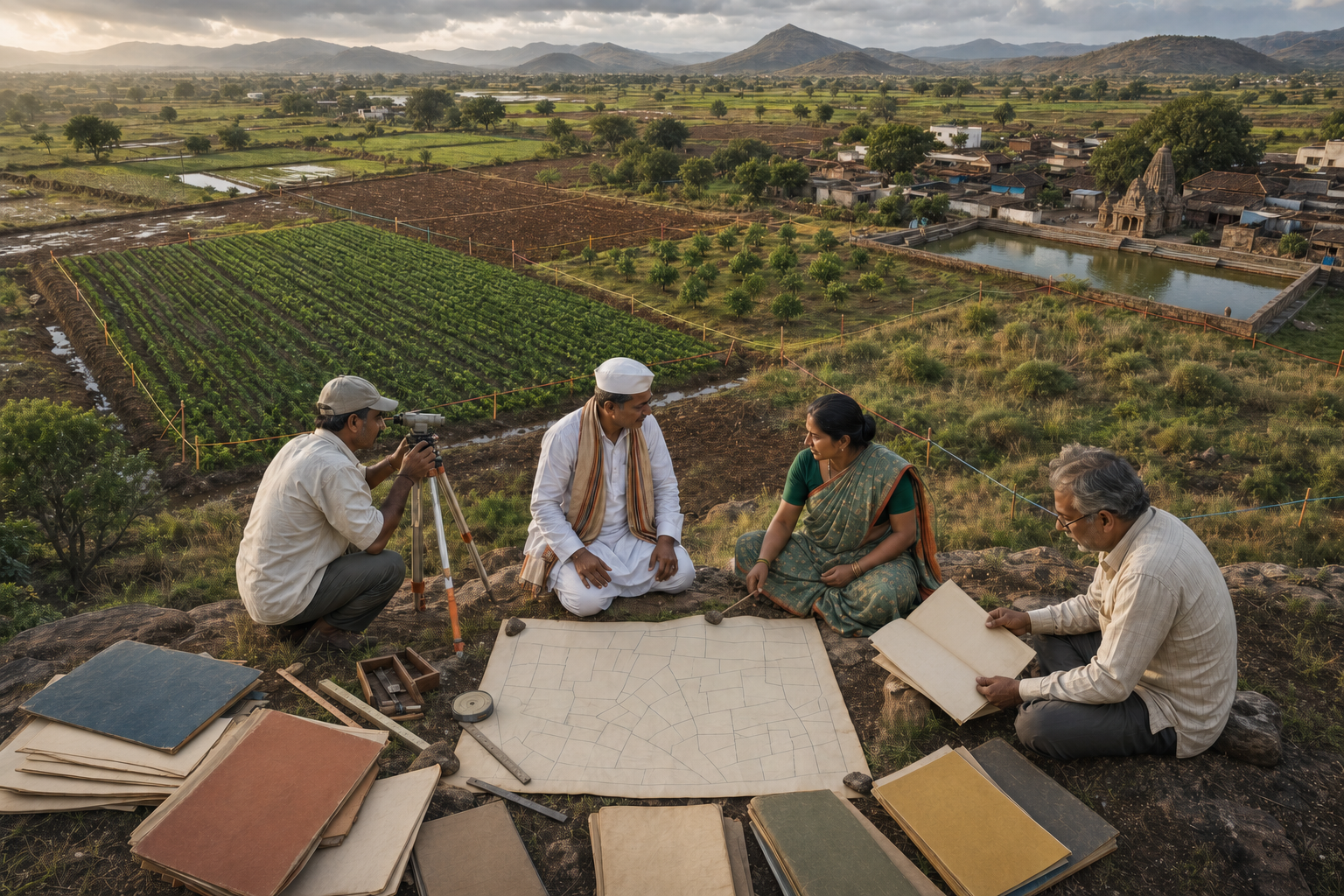 A surveyor, temple representative, farmer, and archivist compare unlabelled records beside several distinct types of temple-associated land.