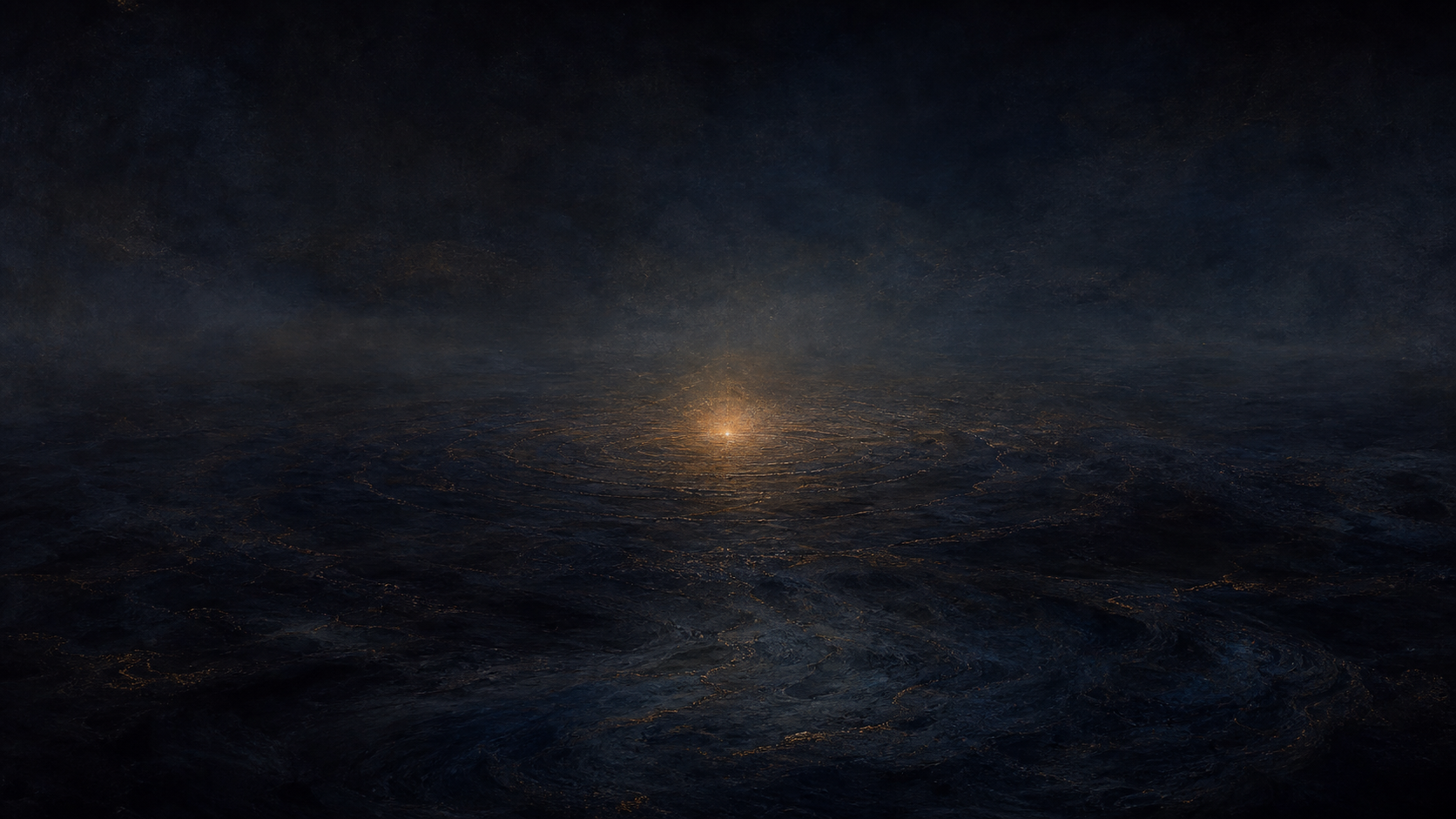 A faint golden glow and subtle ripples emerge within a vast indigo expanse of dark water and sky.