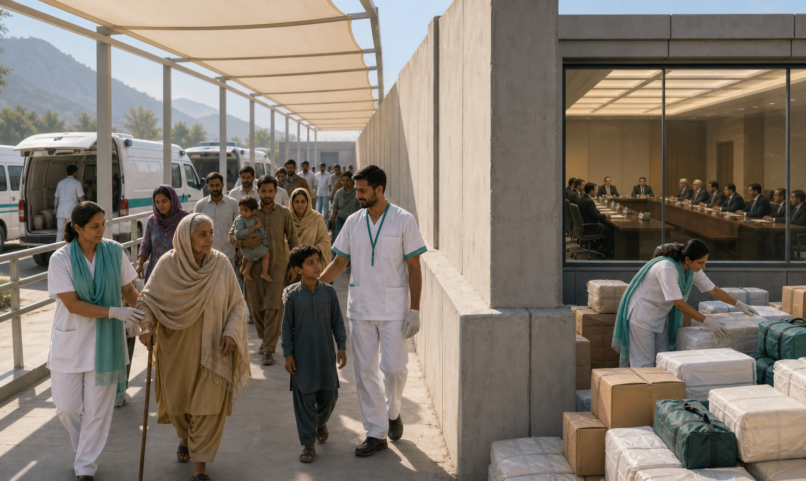 Medical workers assist families through a protected border corridor while a separate diplomatic meeting takes place behind glass.