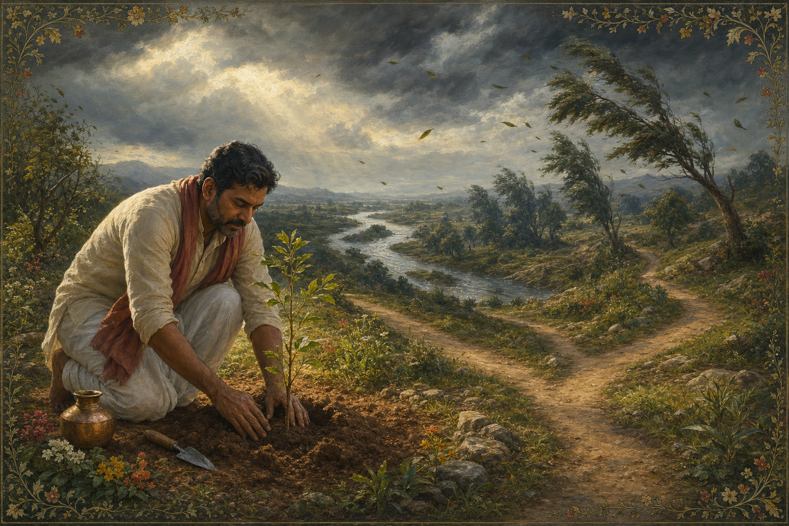A person plants a sapling in a calm patch of garden while wind, a river, and storm clouds move across the distant landscape.