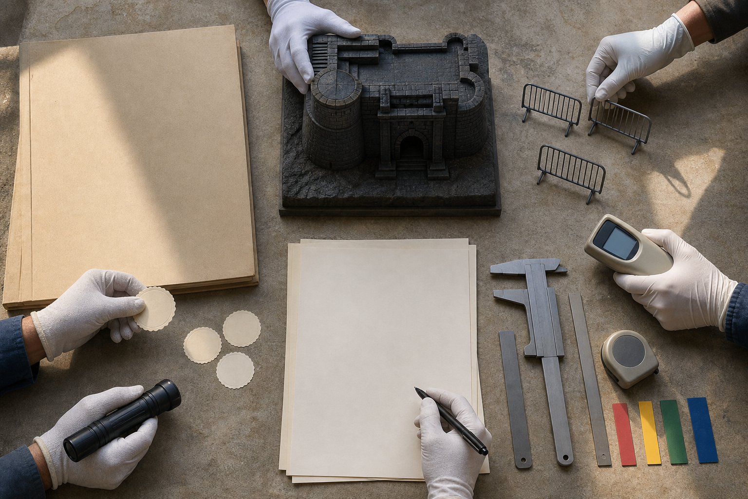 An overhead table holds an unlabeled permit folder, a fort gateway model, measuring tools, a people counter, and crowd-control markers under the hands of reviewers.