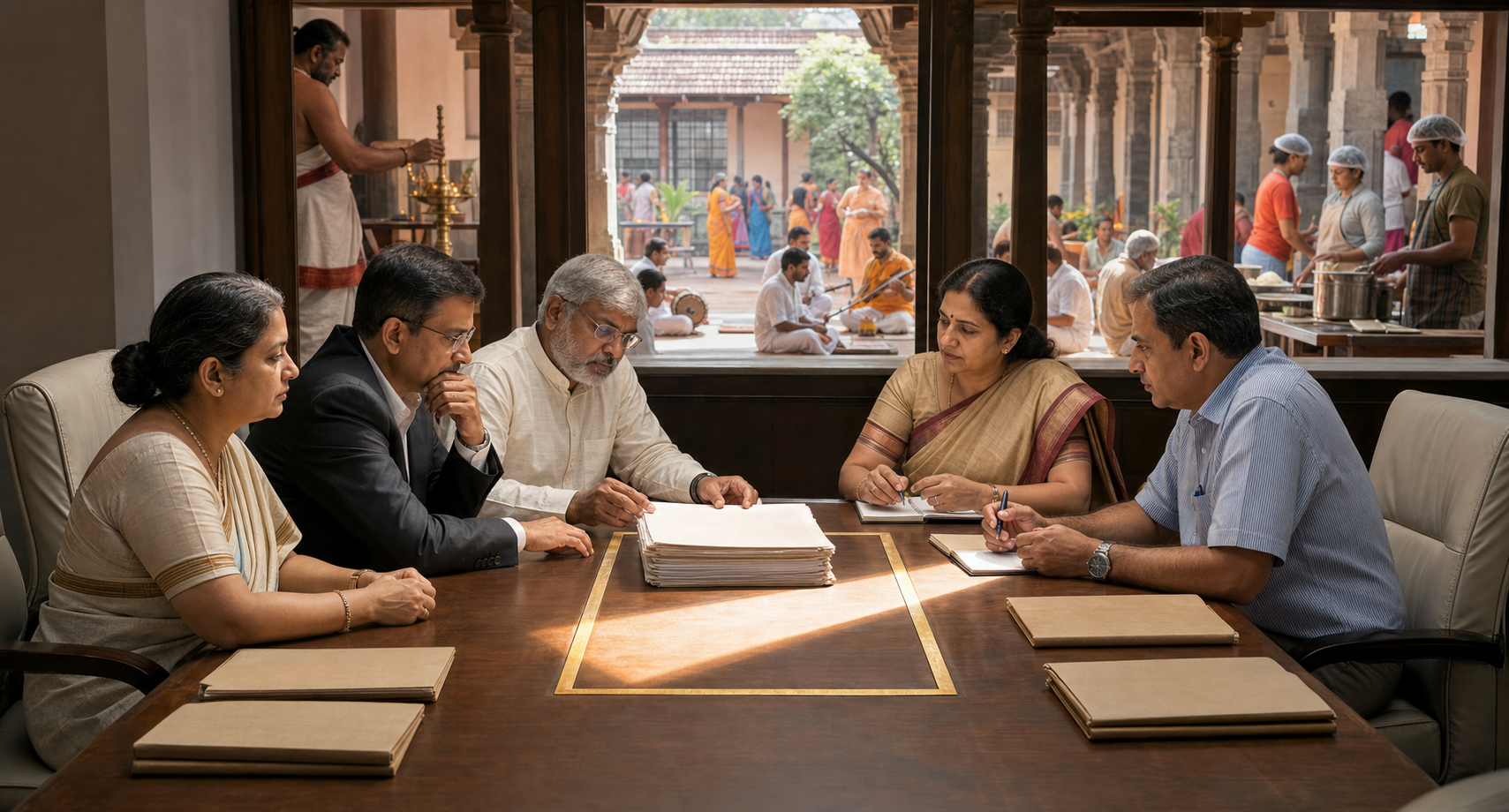 A small board reviews unmarked land files within a defined tabletop boundary while worship and community service continue in the temple courtyard beyond.