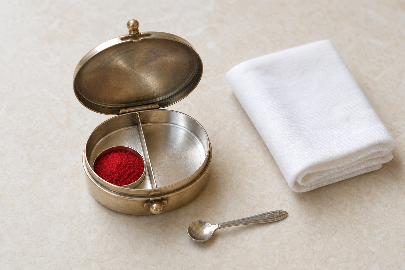 A clean open Sindoor Dabi with red kumkum is arranged beside a small spoon and folded cotton cloth.