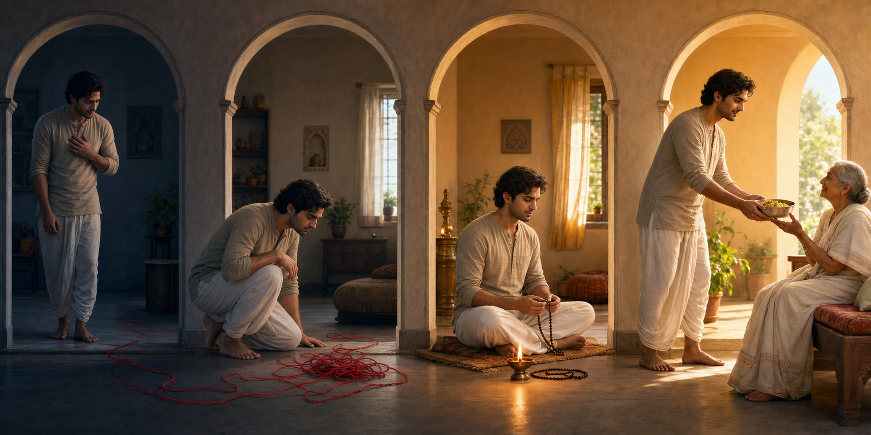 Four connected scenes show one person pausing, noticing a tangled thread, sitting with prayer beads, and then carrying food to an older relative.