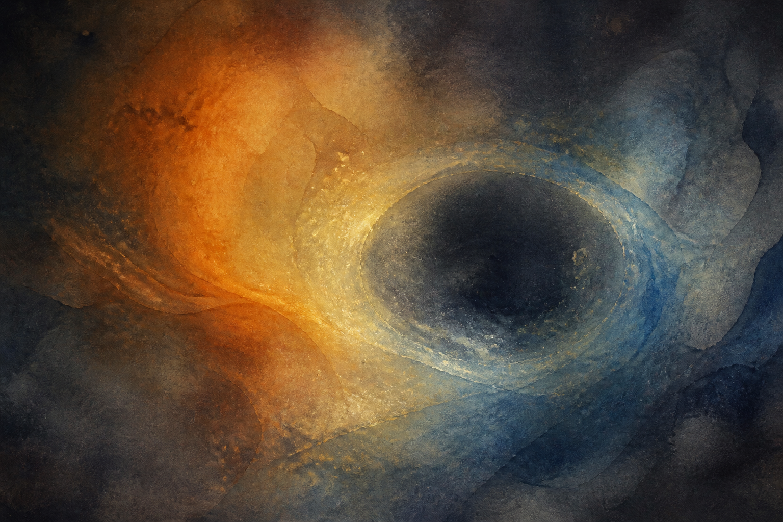 Warm and cool translucent fields overlap around a dark central form in an abstract midnight space.