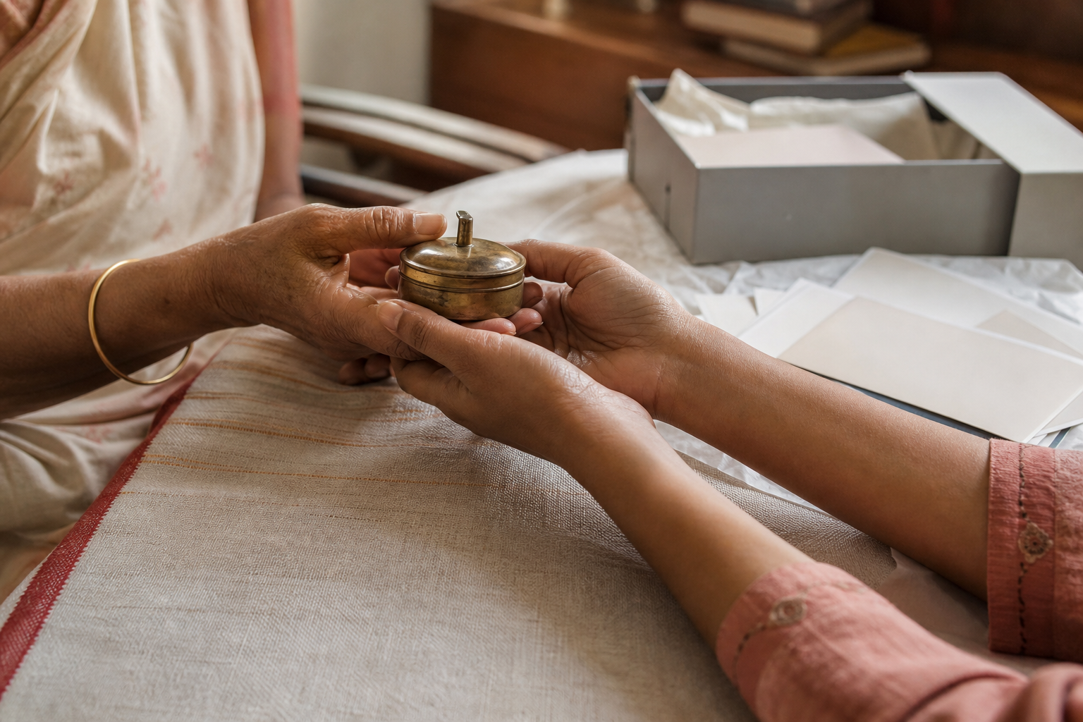 Older and younger hands hold a metal Sindoor Dabi together beside archival tissue and family photographs.