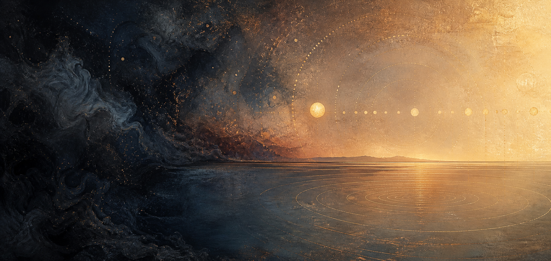Dark vapor gradually resolves into a horizon, water, a luminous orb, ripples, and evenly spaced stars.