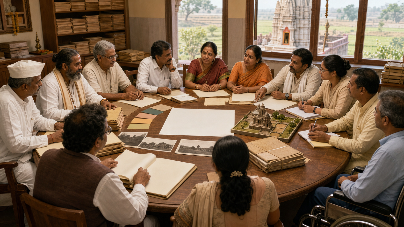 Temple representatives, cultivators, devotees, and professional advisers review unlabelled maps and records together at a circular consultation table.