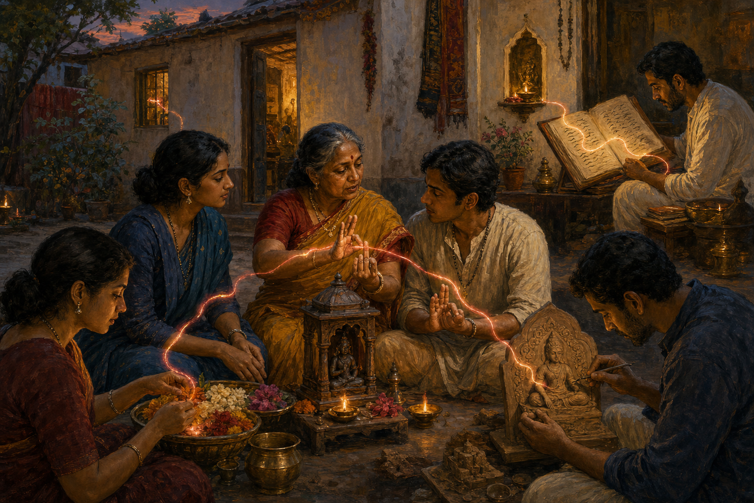 An elder guides students in a household courtyard as others prepare offerings, study a manuscript, and shape a devotional sculpture.