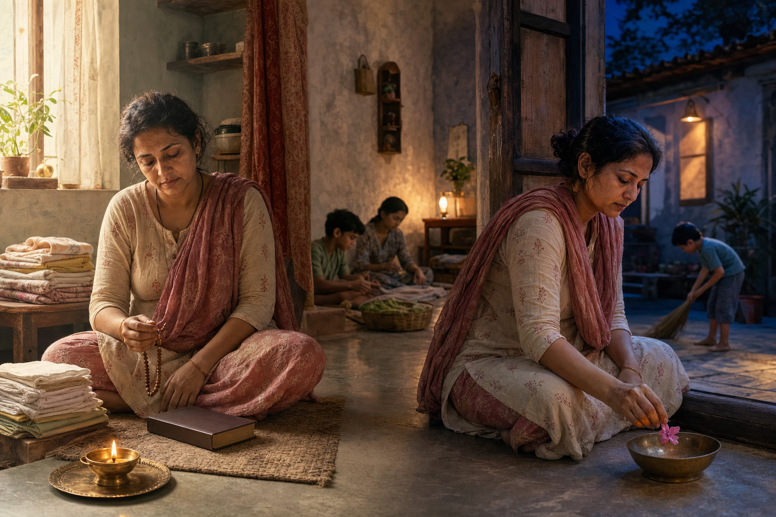 A tired householder practices briefly with prayer beads in the morning and offers a flower in a bowl at the end of the day.