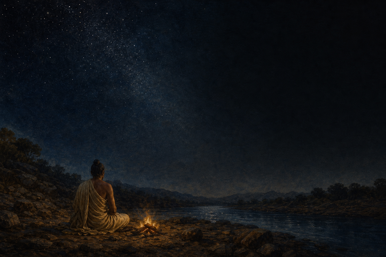 A seated contemplative figure watches a small fire beside a river beneath a vast, partly obscured night sky.