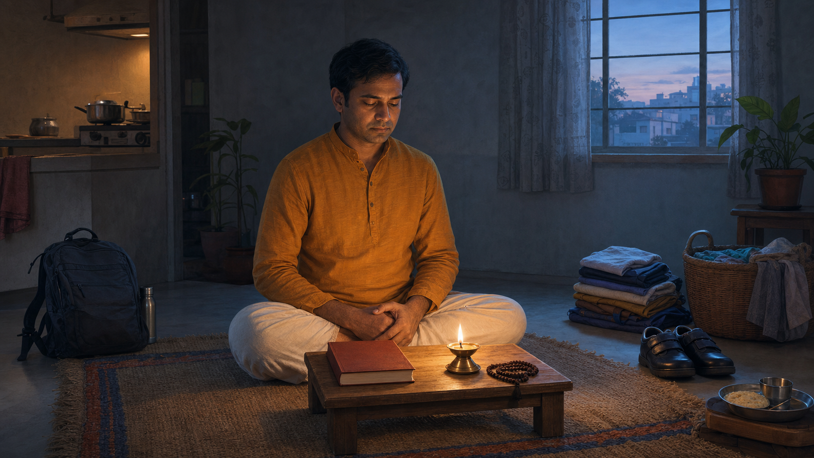 A householder meditates beside a closed book and brass lamp at dawn, surrounded by objects associated with work and family life.