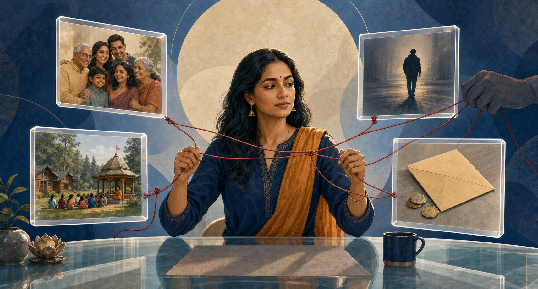 An illustrated Hindu American woman separates red cords linking a family photo, a camp scene, a donation envelope, and an anonymous figure's misconduct.