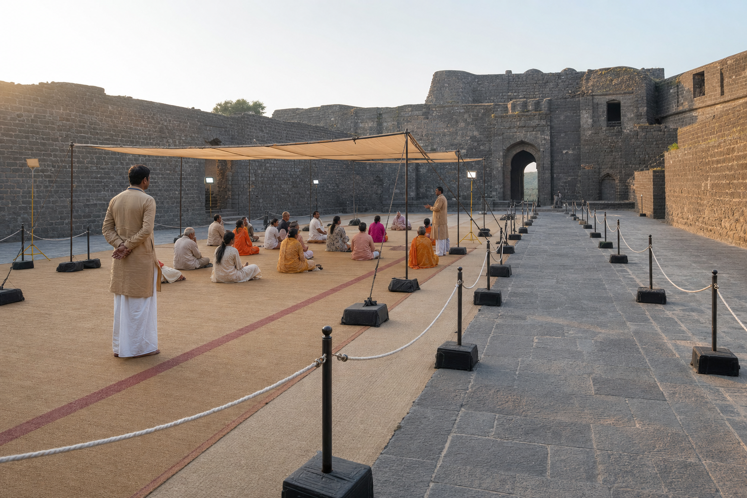 A small devotional gathering uses a protected fort courtyard with freestanding barriers, a temporary shade, and an open emergency route away from the old stone walls.