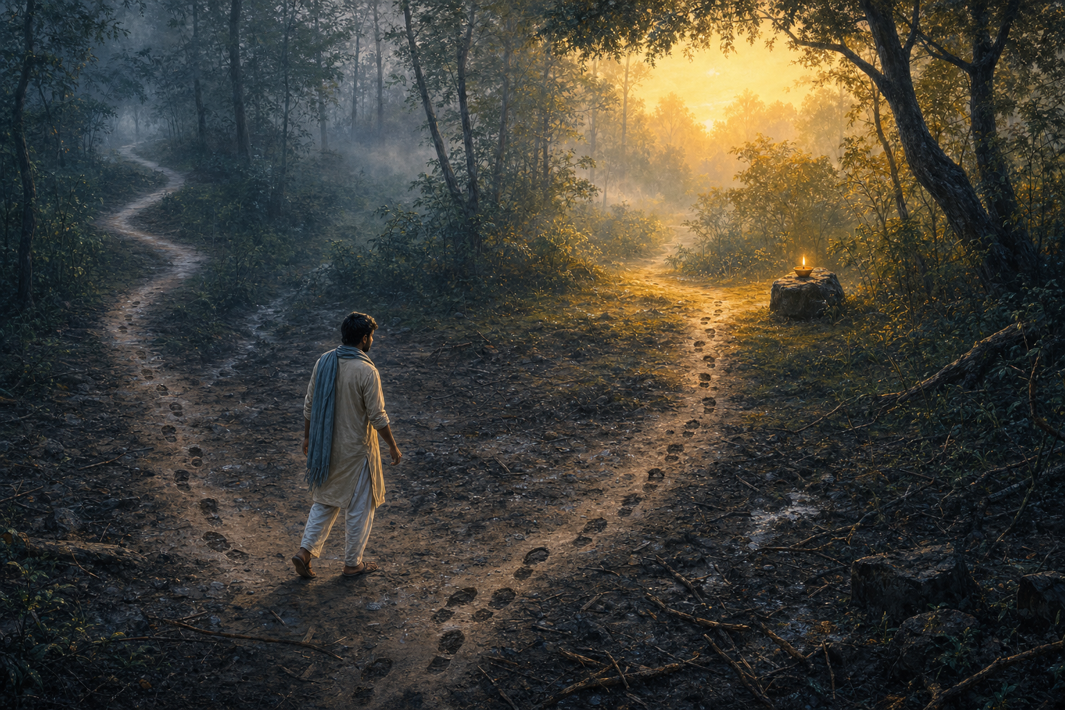 A traveler turns from rough ground back toward a winding forest path and a small lamp glowing in a sunrise clearing.