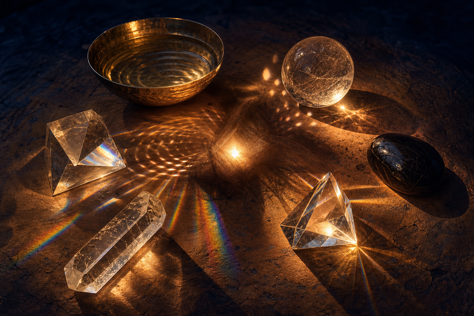 Crystal, bronze, water, and polished stone reflect the same central light in different ways.