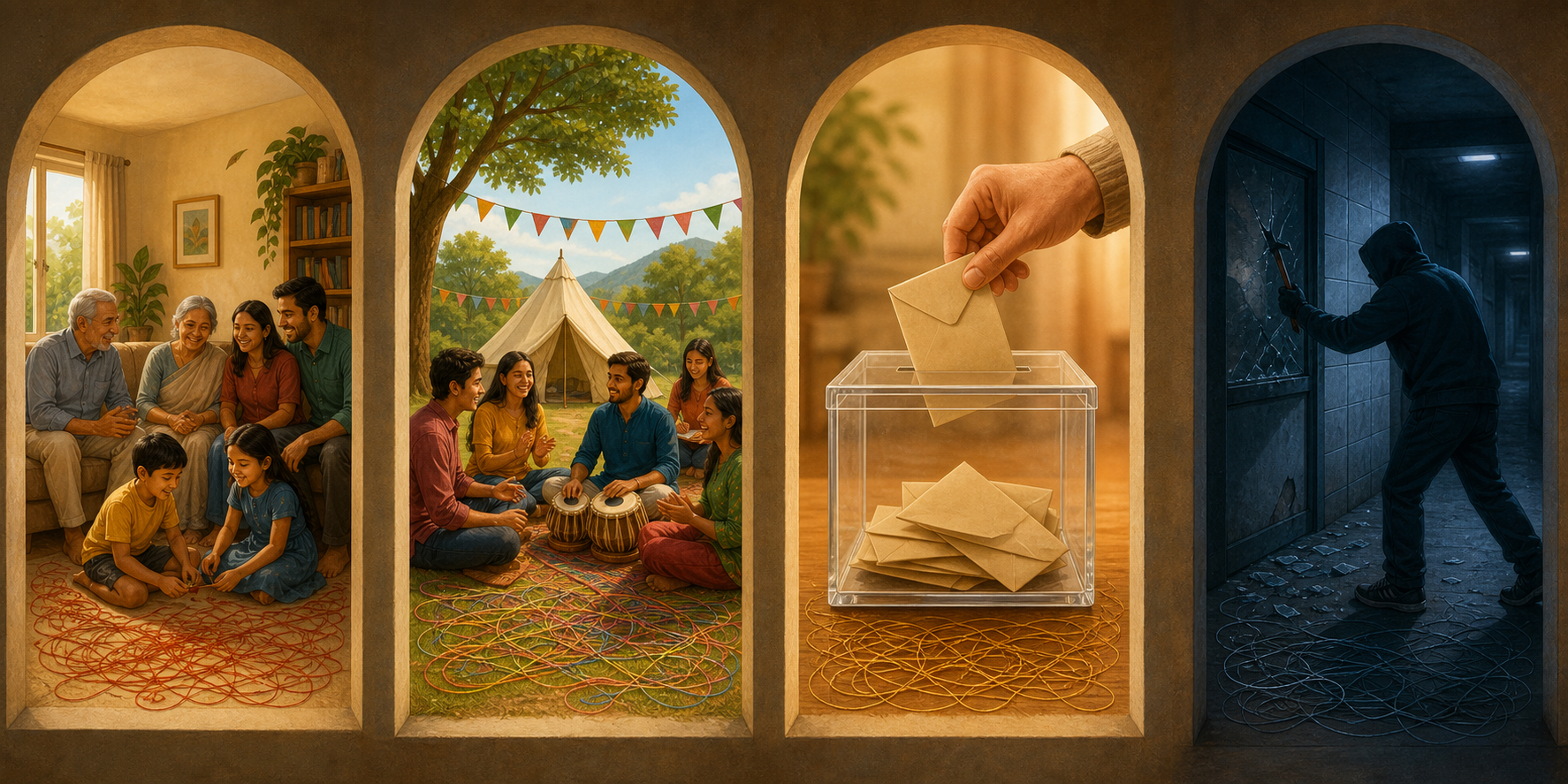 Four separate illustrated alcoves show a family gathering, a cultural camp, a donation, and an anonymous person's misconduct.