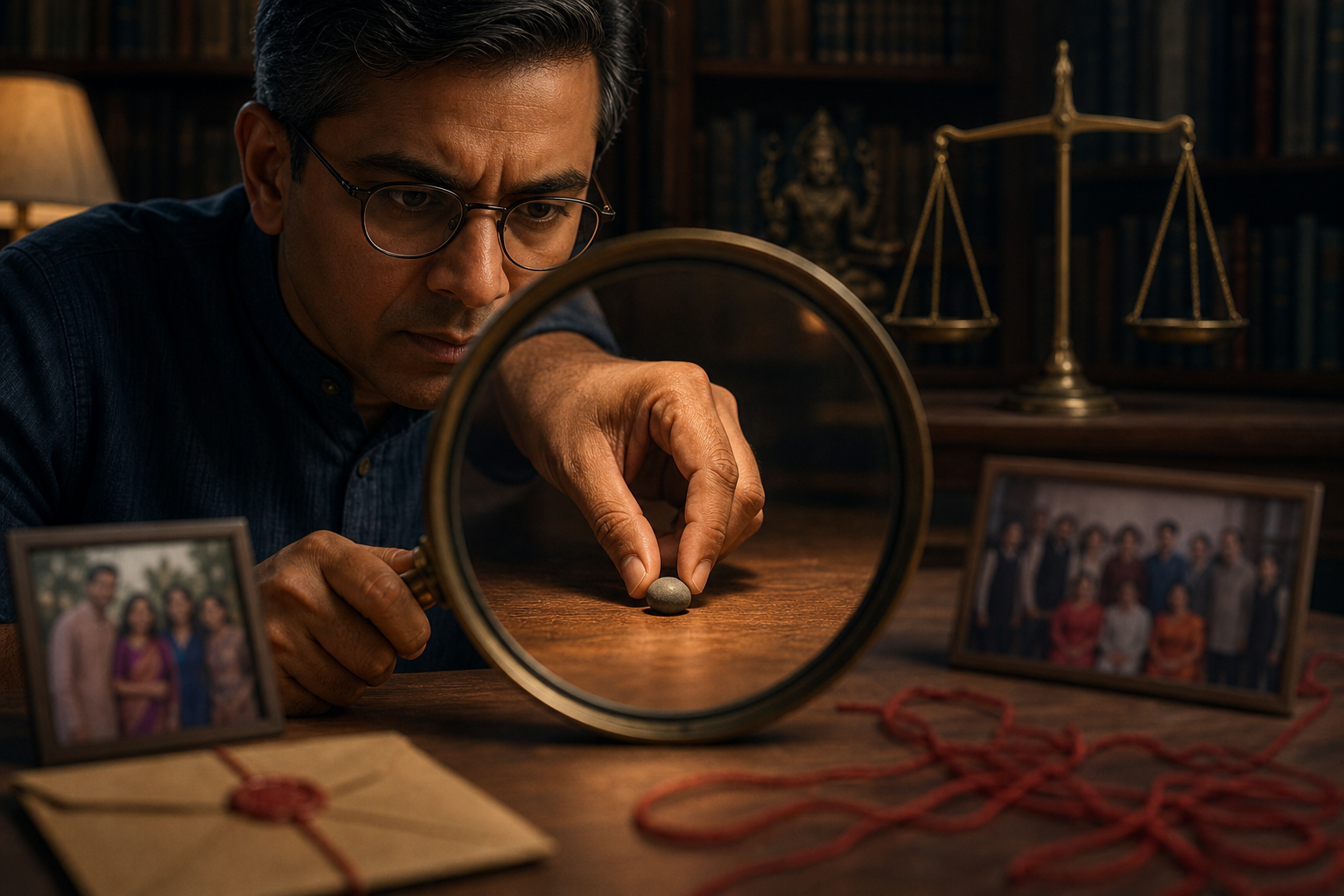 A researcher uses a magnifying lens to inspect a specific action while unrelated photos, an envelope, and loose threads remain outside the lens.