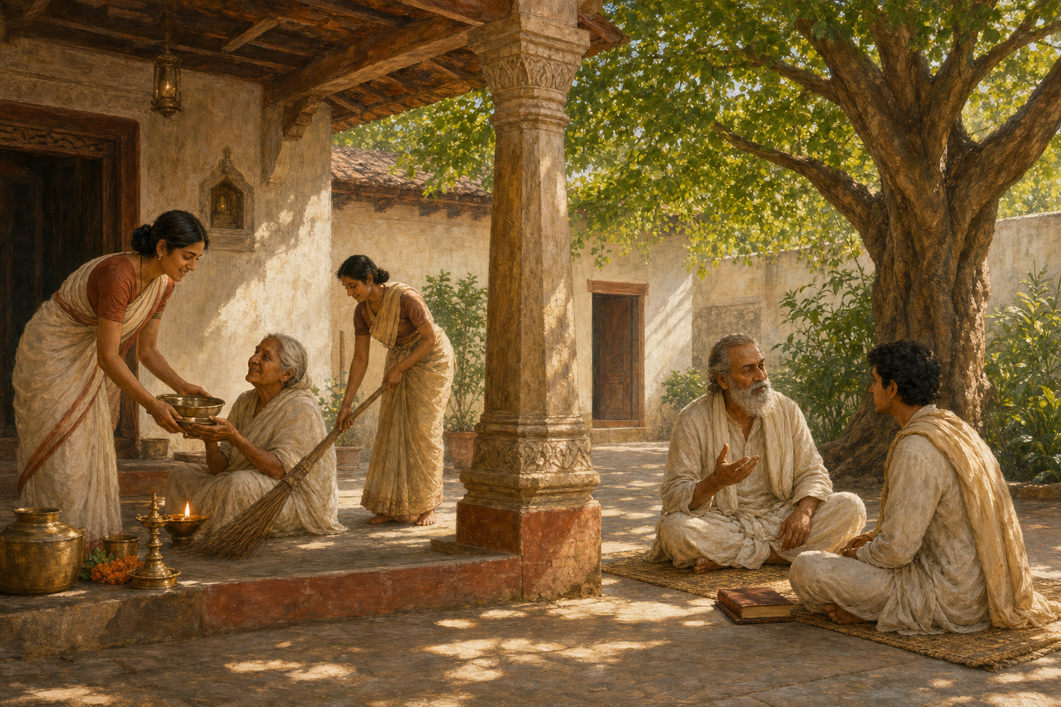 One practitioner serves an older person and tends a courtyard while another sits quietly with a teacher under a tree.