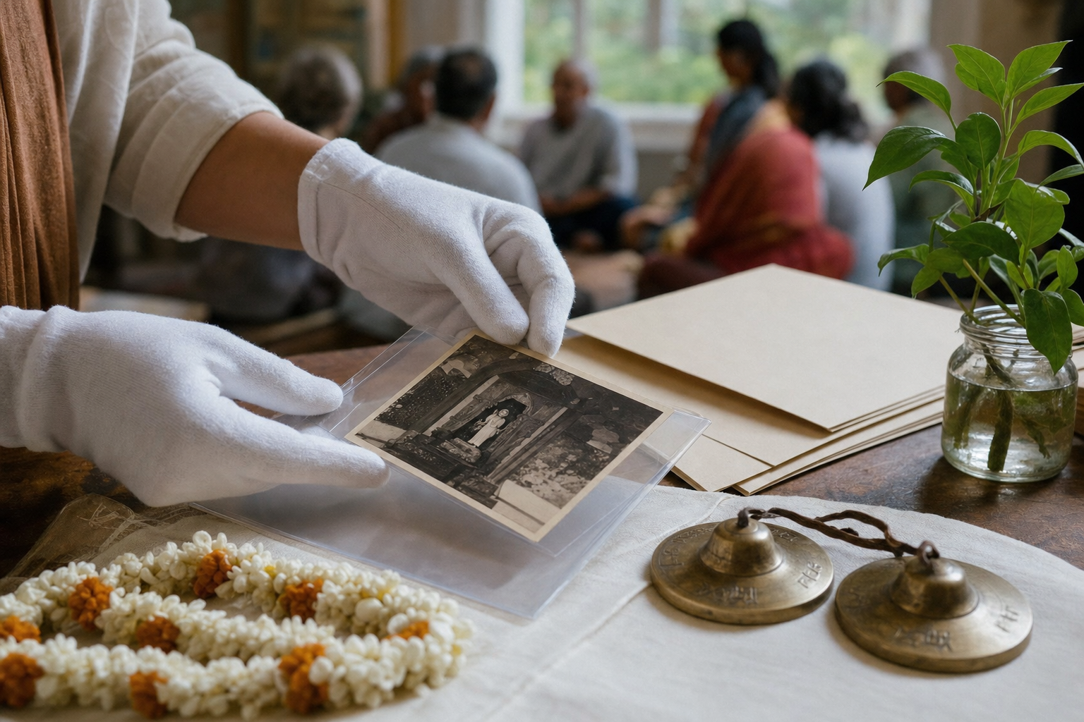 Gloved hands preserve an old devotional photograph beside hand cymbals while older and younger community members gather in the background.