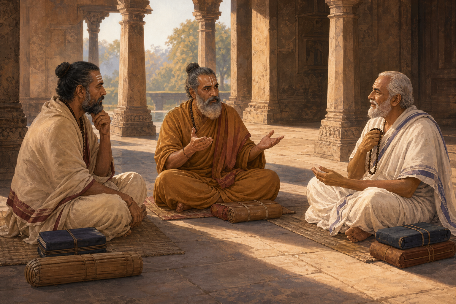 Three Vedanta scholars with different robes and devotional markings hold a respectful discussion in a pillared learning hall.