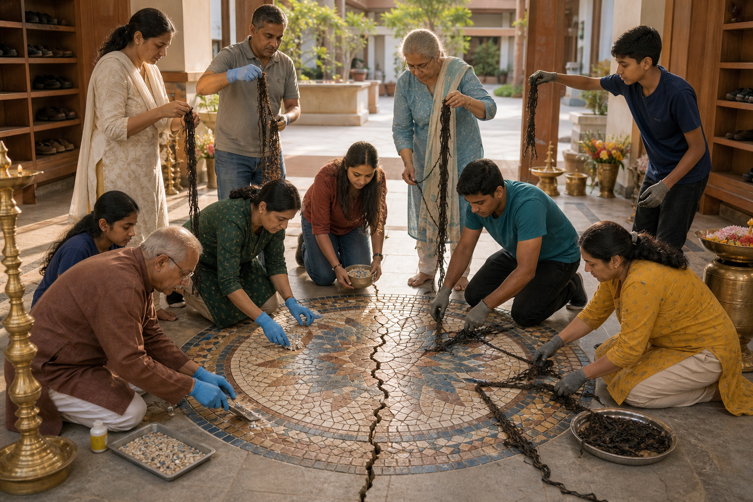 A multigenerational community repairs a genuine crack in a floor mosaic while removing dark strands spread across undamaged sections.