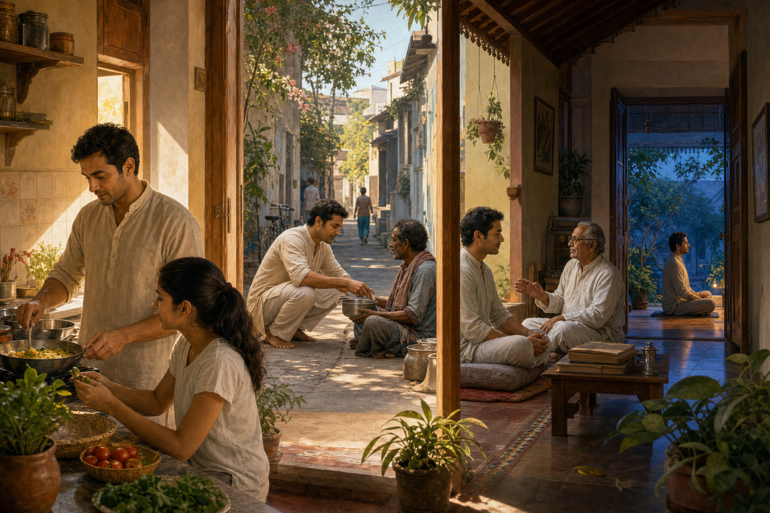 The same householder is shown caring for family, serving the community, listening to a teacher, and meditating at different moments of the day.