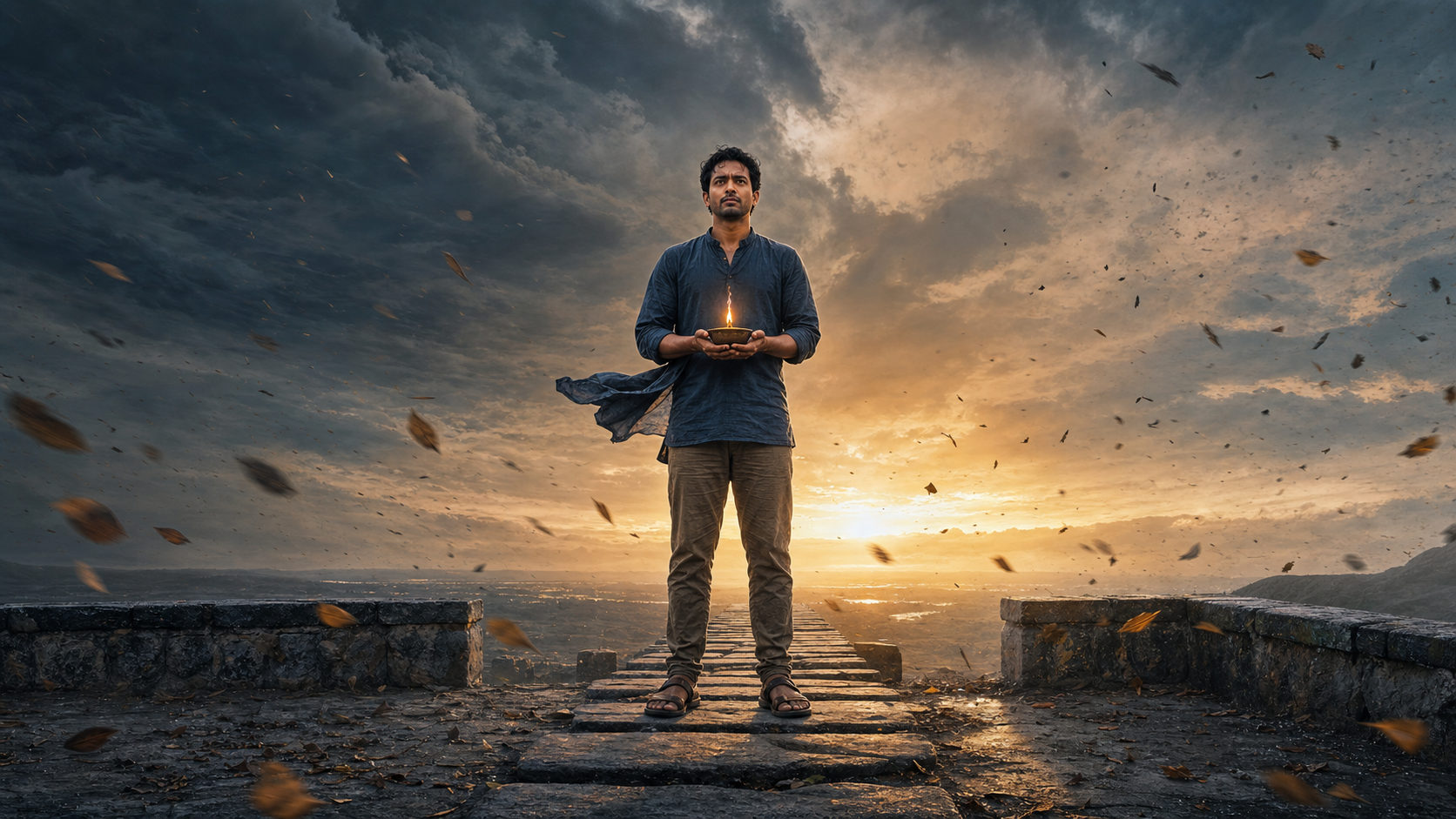 A person stands on a windswept stone terrace at dawn, sheltering a burning brass oil lamp as dark clouds and leaves move around them.