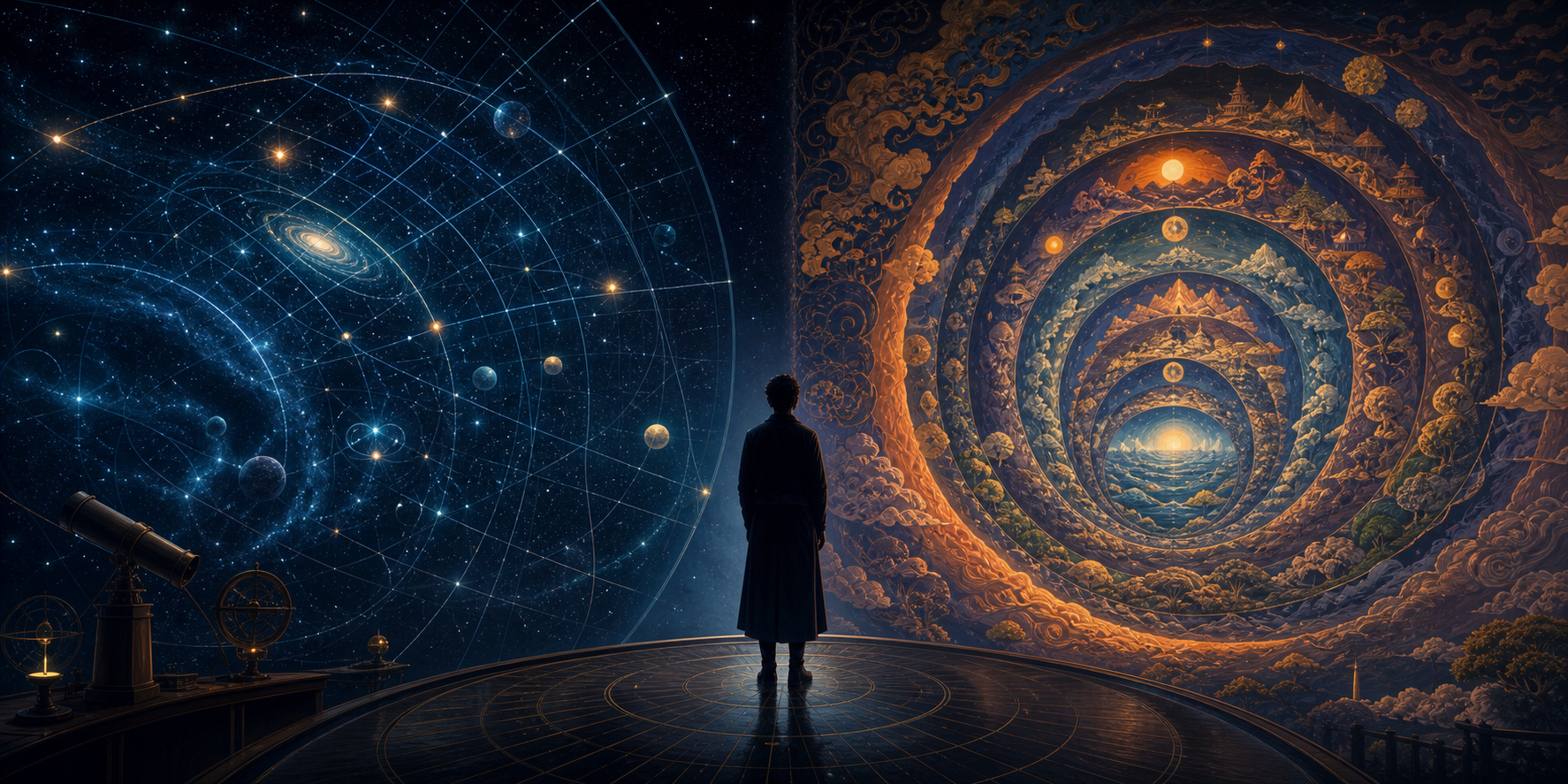 A silhouetted observer stands between a curved field of stars and several separate, layered cosmic landscapes in blue, saffron, and gold.