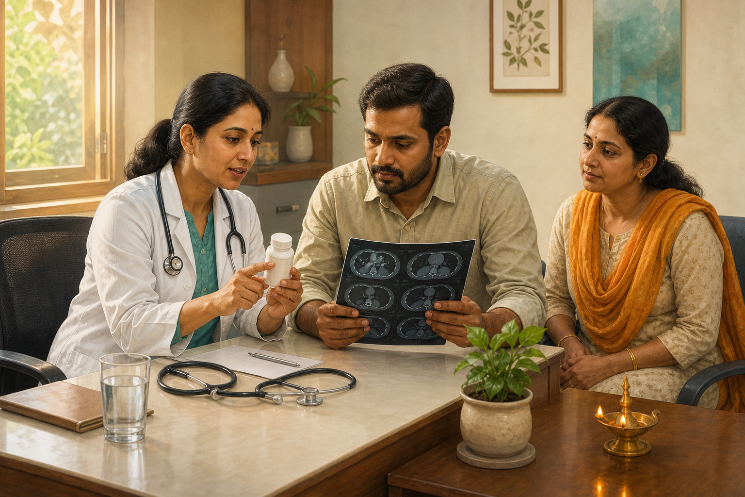A physician discusses medicine and a medical scan with a patient and family supporter beside a small oil lamp and medicinal plant.