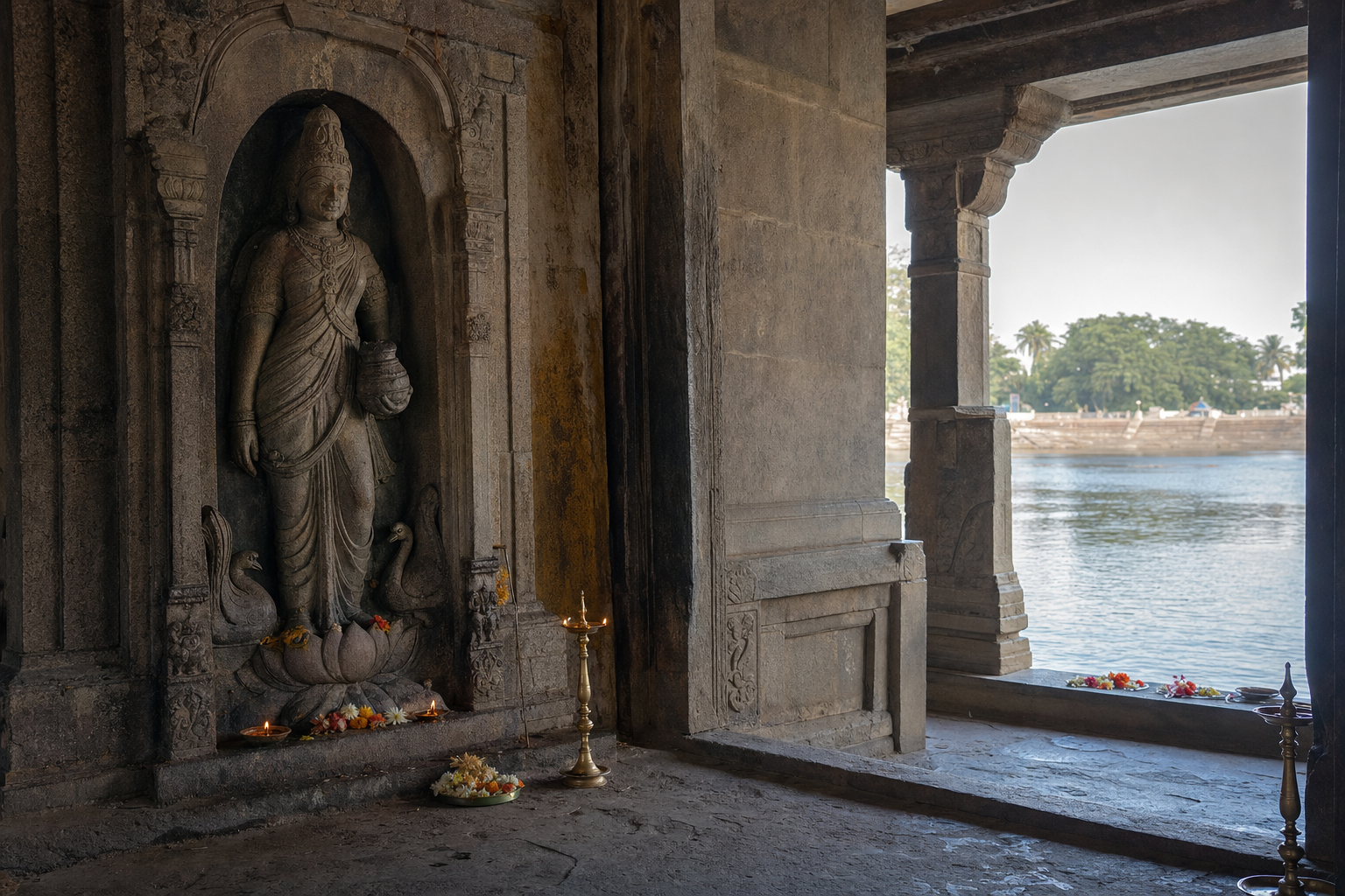 A crowned female stone figure with a water pot stands in a temple niche near lamps, flowers, carved pillars, and an opening overlooking a river.
