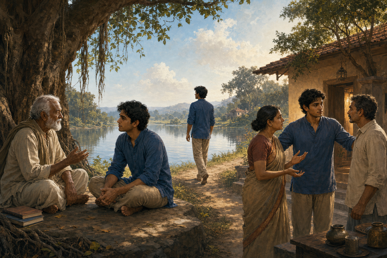 A student listens to a teacher, reflects alone beside water, and later responds calmly to tension at home.
