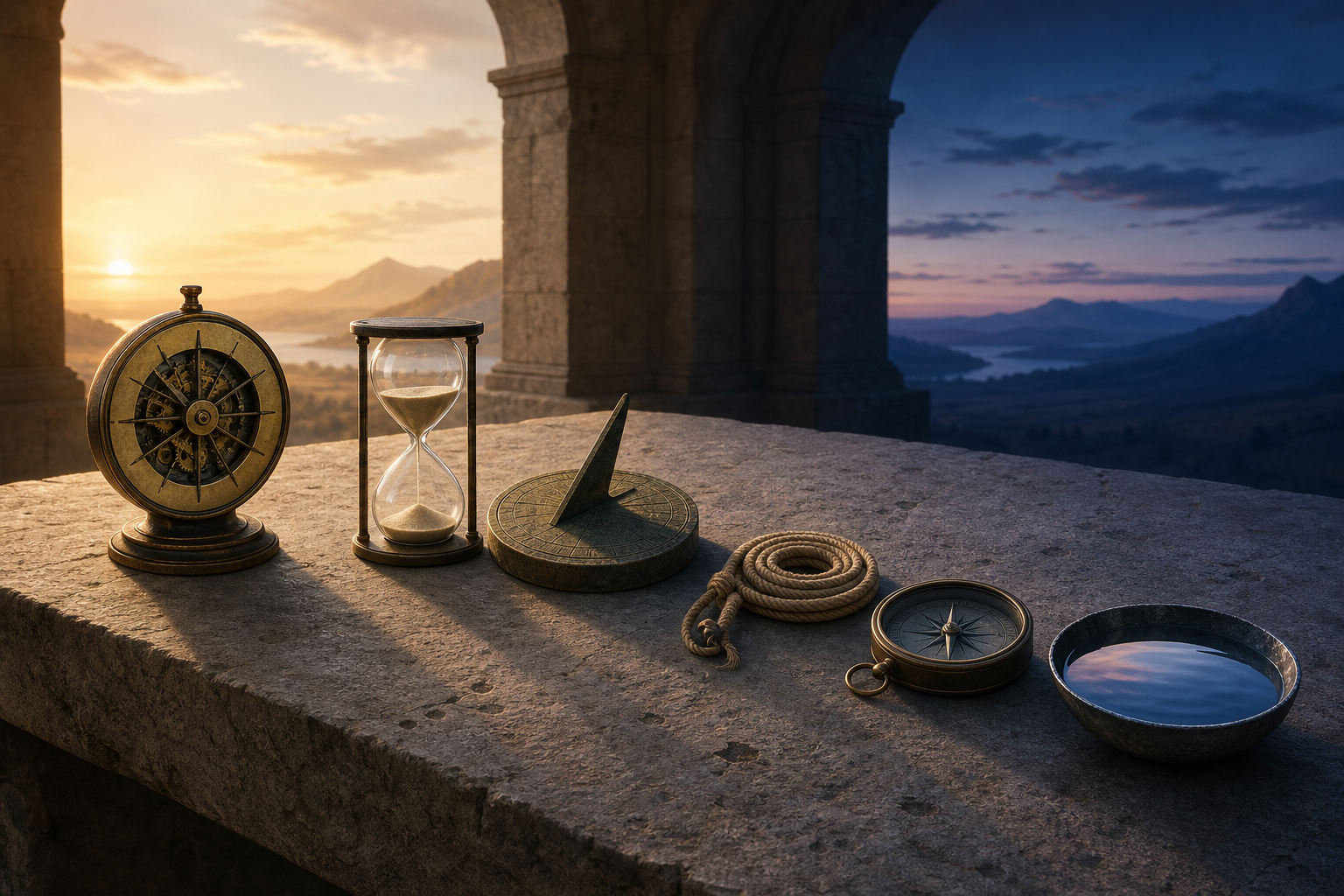 A clock without numerals, hourglass, sundial, measuring cord, compass, and reflective bowl rest on a stone table between morning and twilight light.