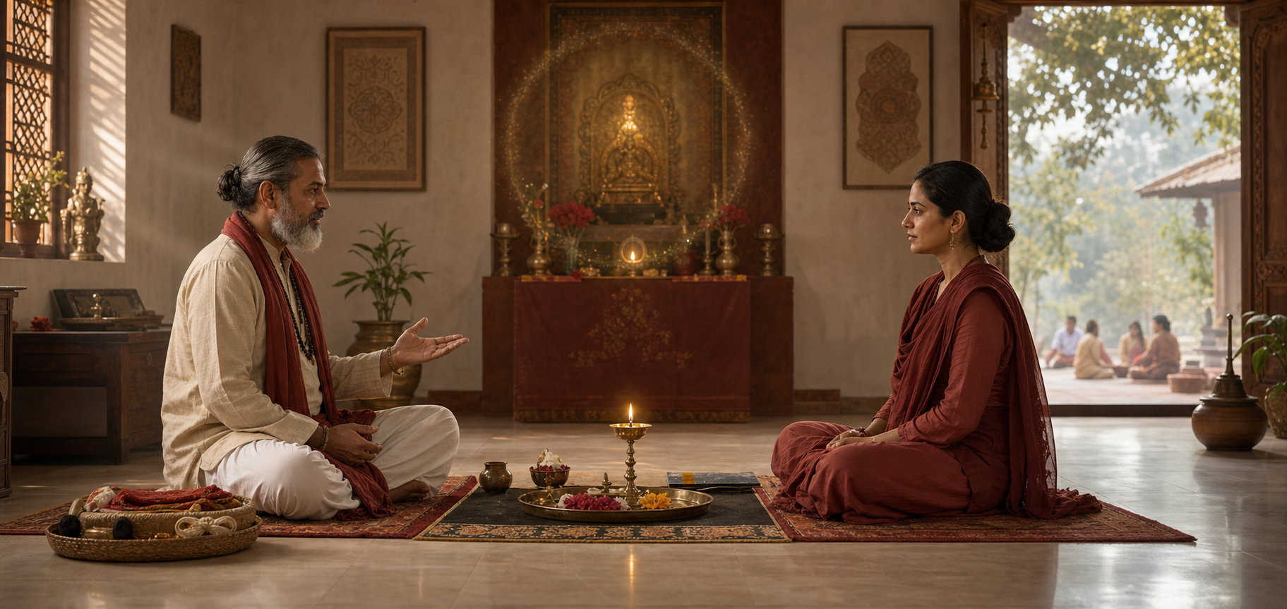 A teacher and adult practitioner calmly prepare for ritual in an orderly shrine room with offerings, a lamp, and an open doorway.