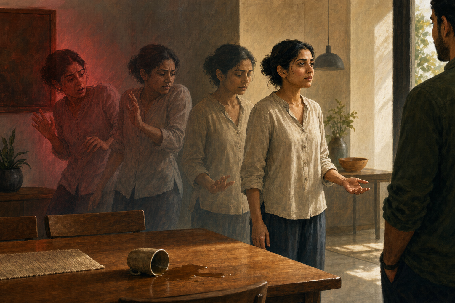 Successive translucent views of one person show them moving from a startled, tense reaction to a lowered open hand and a deliberate pause beside a spilled cup.