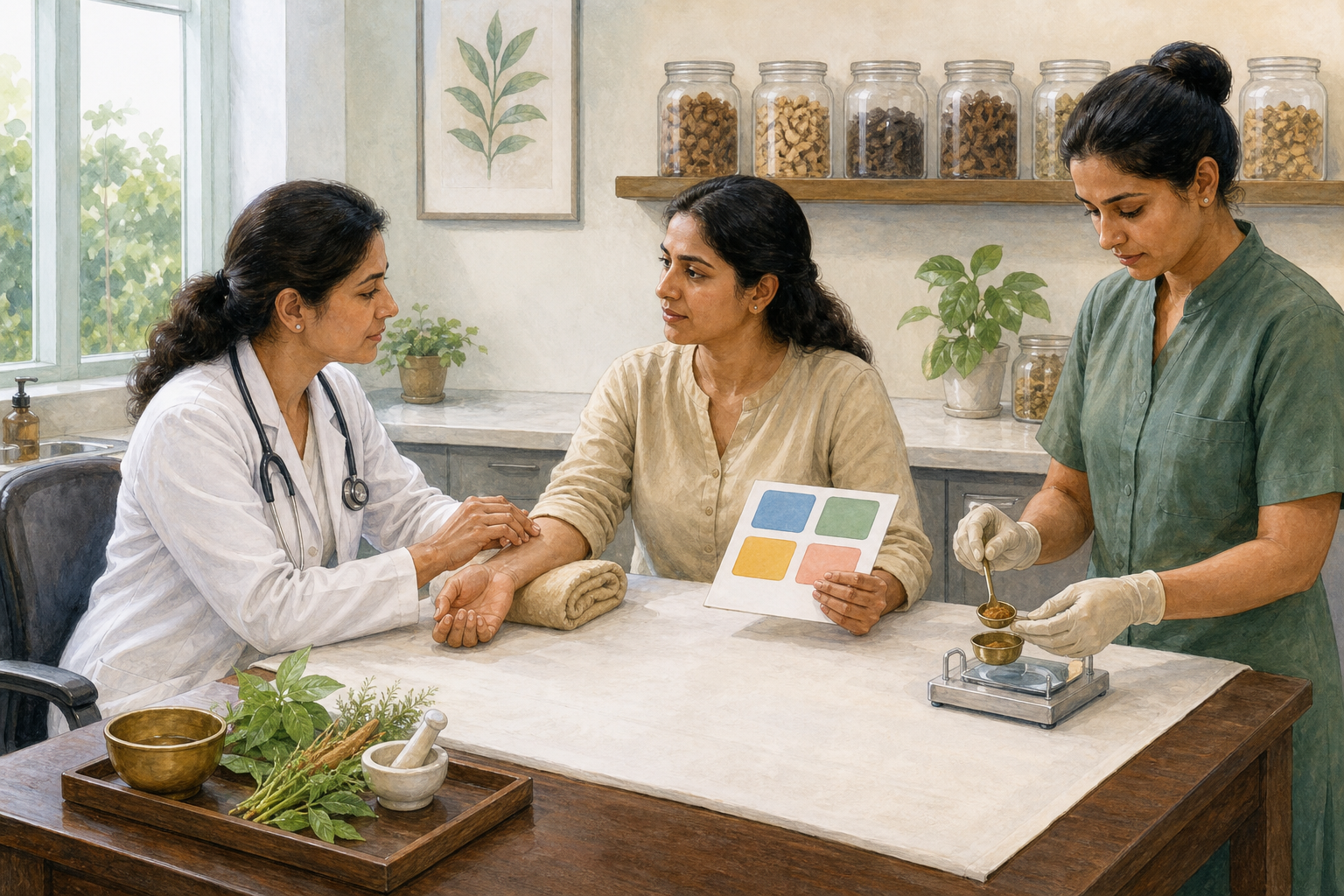 A clinician, patient, attendant, and carefully measured medicine form four connected parts of a treatment scene in a modern clinic.