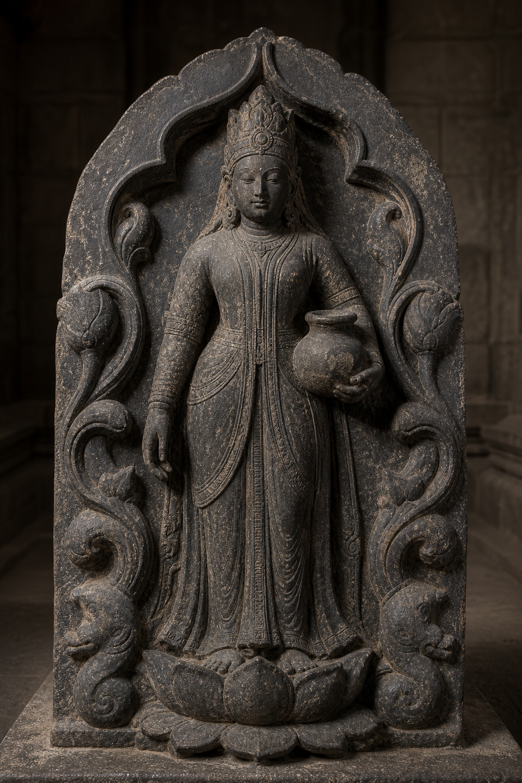 Weathered granite sculpture of a crowned female figure holding a water vessel, with a lotus and aquatic carvings around the niche.