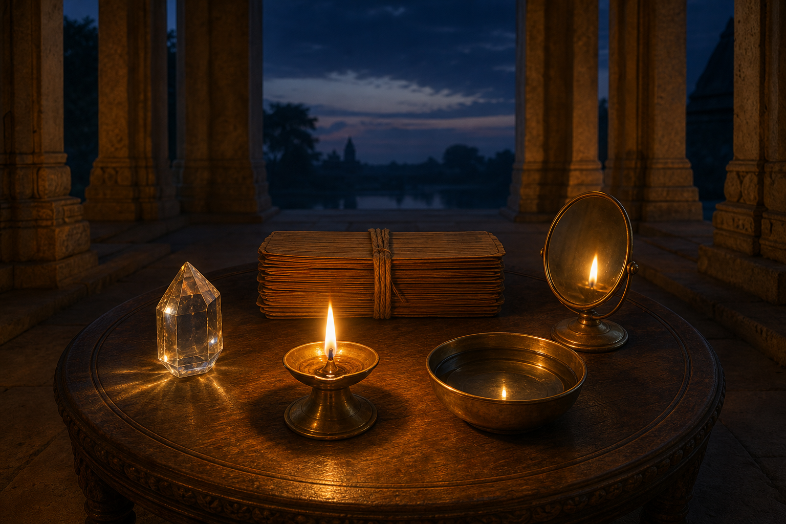 A palm-leaf scripture and oil lamp on a circular table, surrounded by a crystal, a bronze mirror, and a bowl reflecting the same flame.