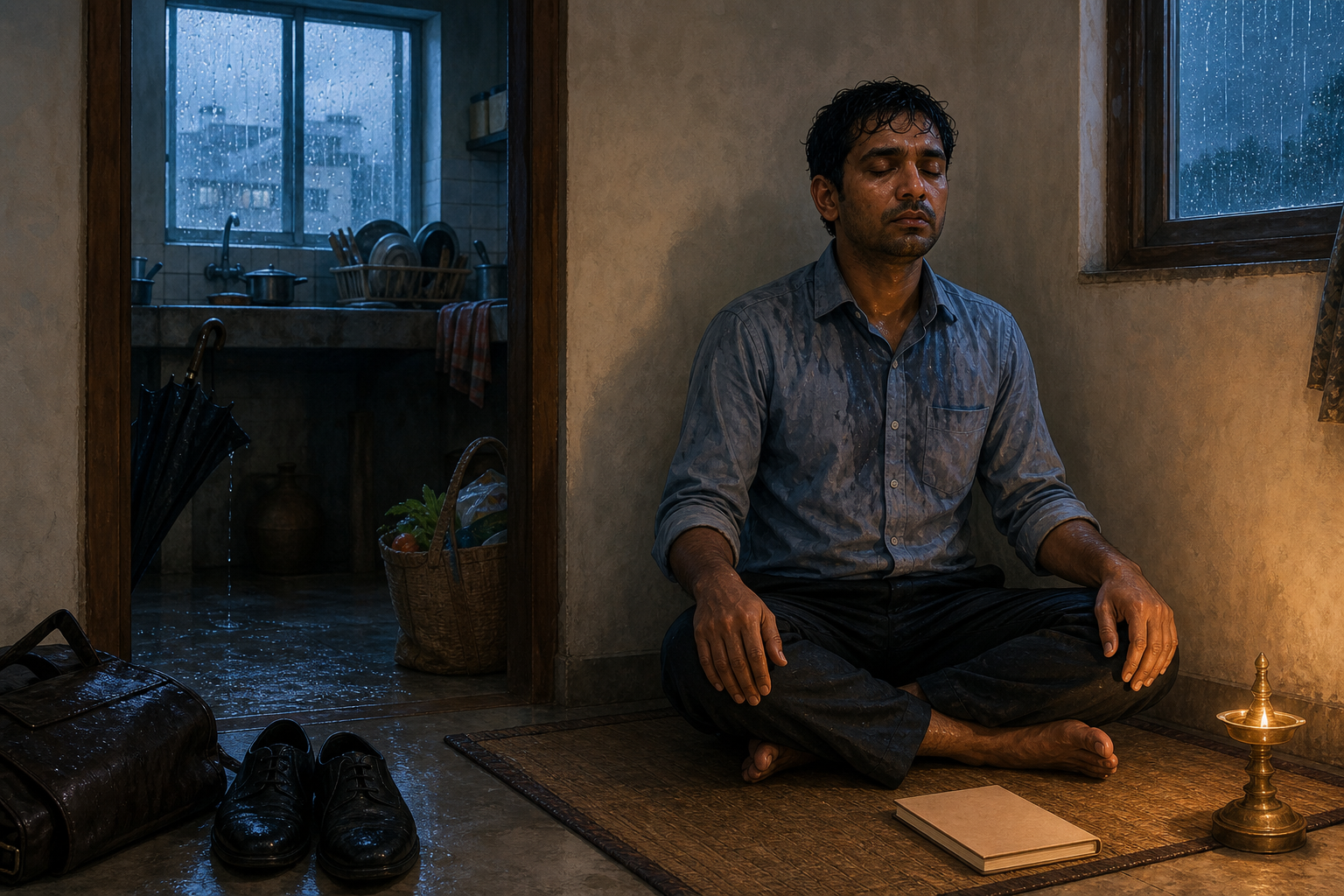 A tired commuter sits upright on a mat beside a small lamp in a rainy apartment while groceries, wet belongings, and dishes remain unattended nearby.