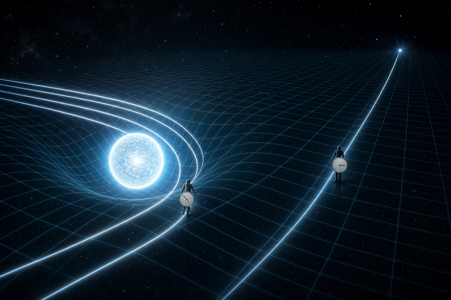 Two observers follow different paths through space as light and a coordinate mesh curve around a dense glowing sphere, with their numeral-free clocks showing different positions.