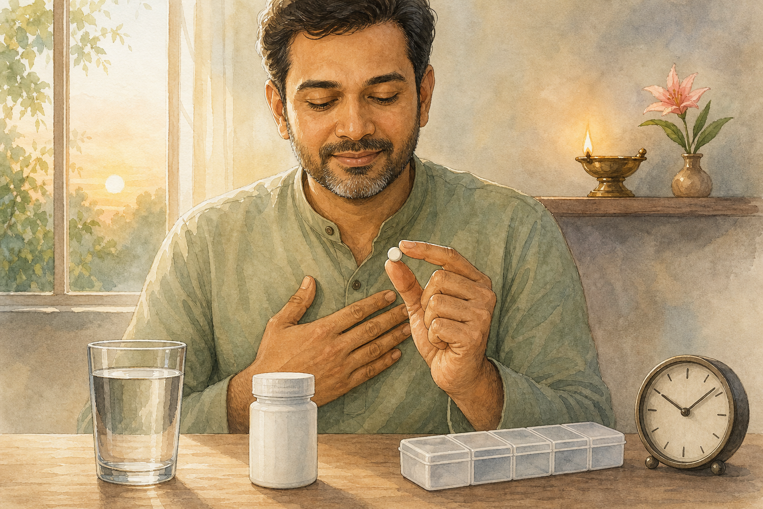 A seated adult pauses with a tablet in hand while a glass of water, medicine container, pill organizer, and clock sit on a clean table.