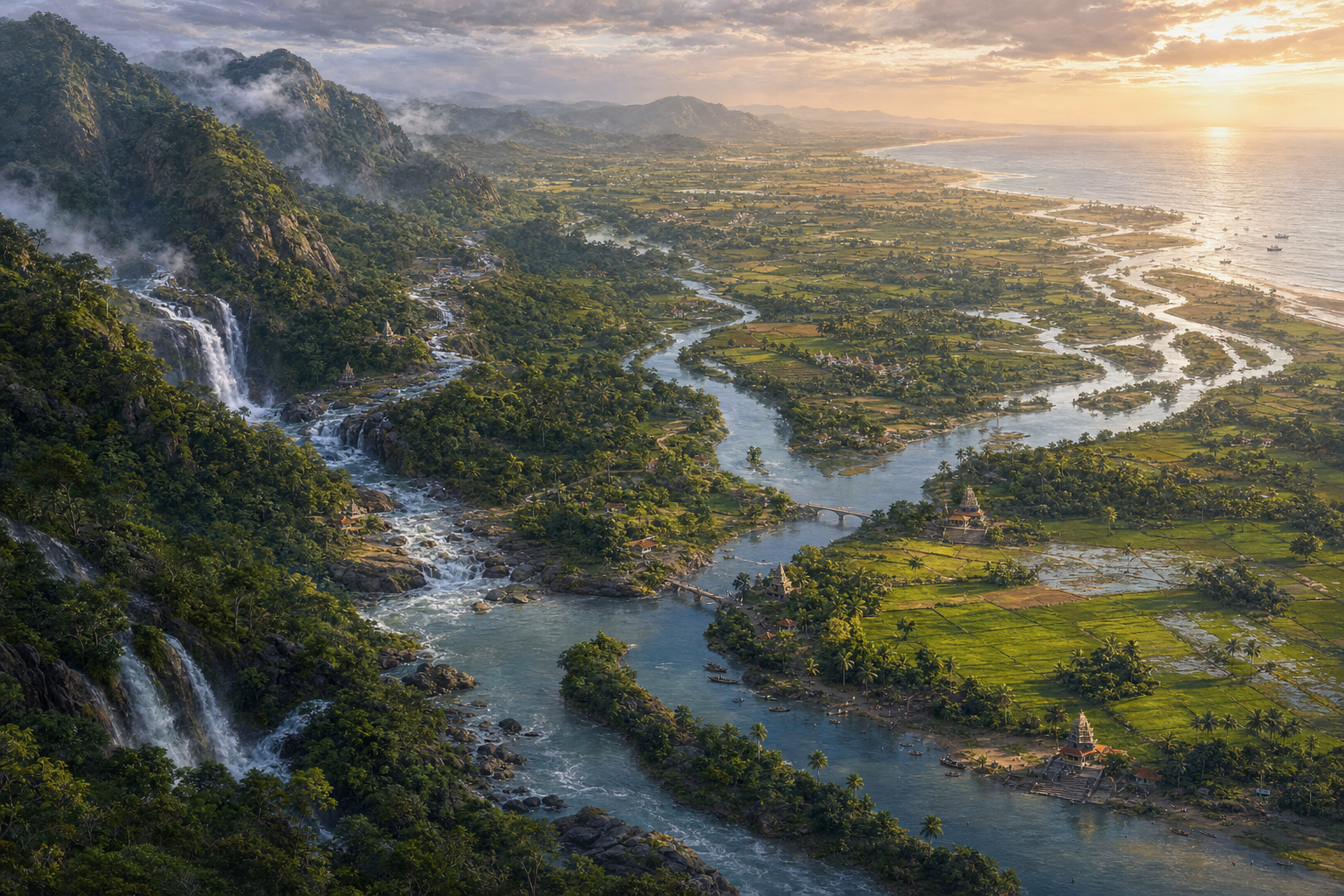 The Kaveri River winds from misty forested mountains through rocky falls, temple settlements, farmland, and a green delta before reaching the sea.