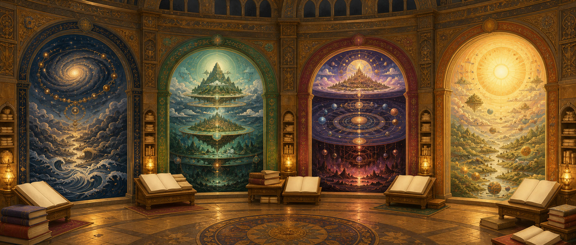 Four separate library alcoves reveal distinct cosmic scenes of cycles, layered realms, a symmetrical universe, and creation filled with pervasive light.