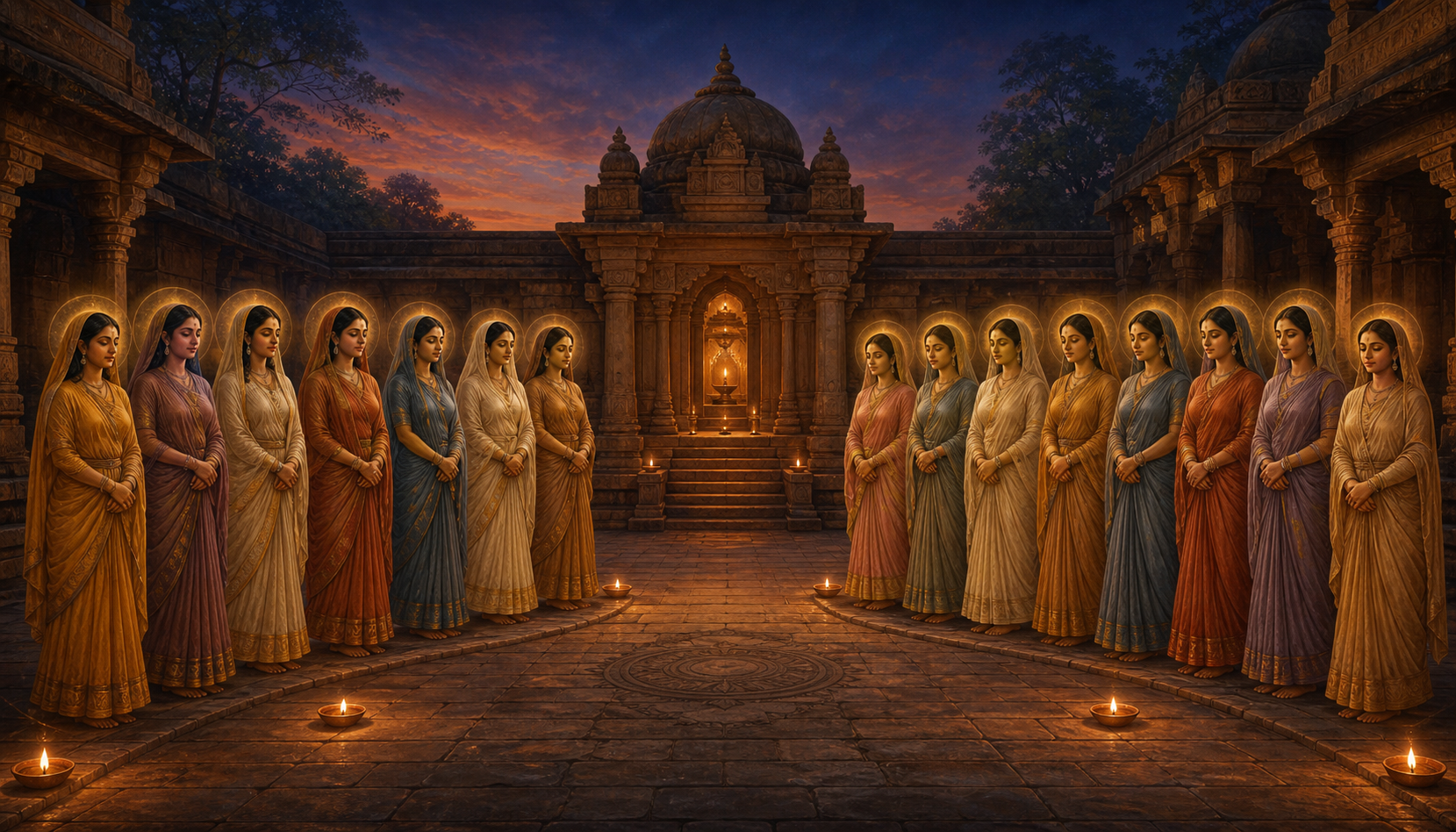 Fifteen haloed feminine figures stand in two rows around an illuminated ancient Indian temple courtyard at twilight.