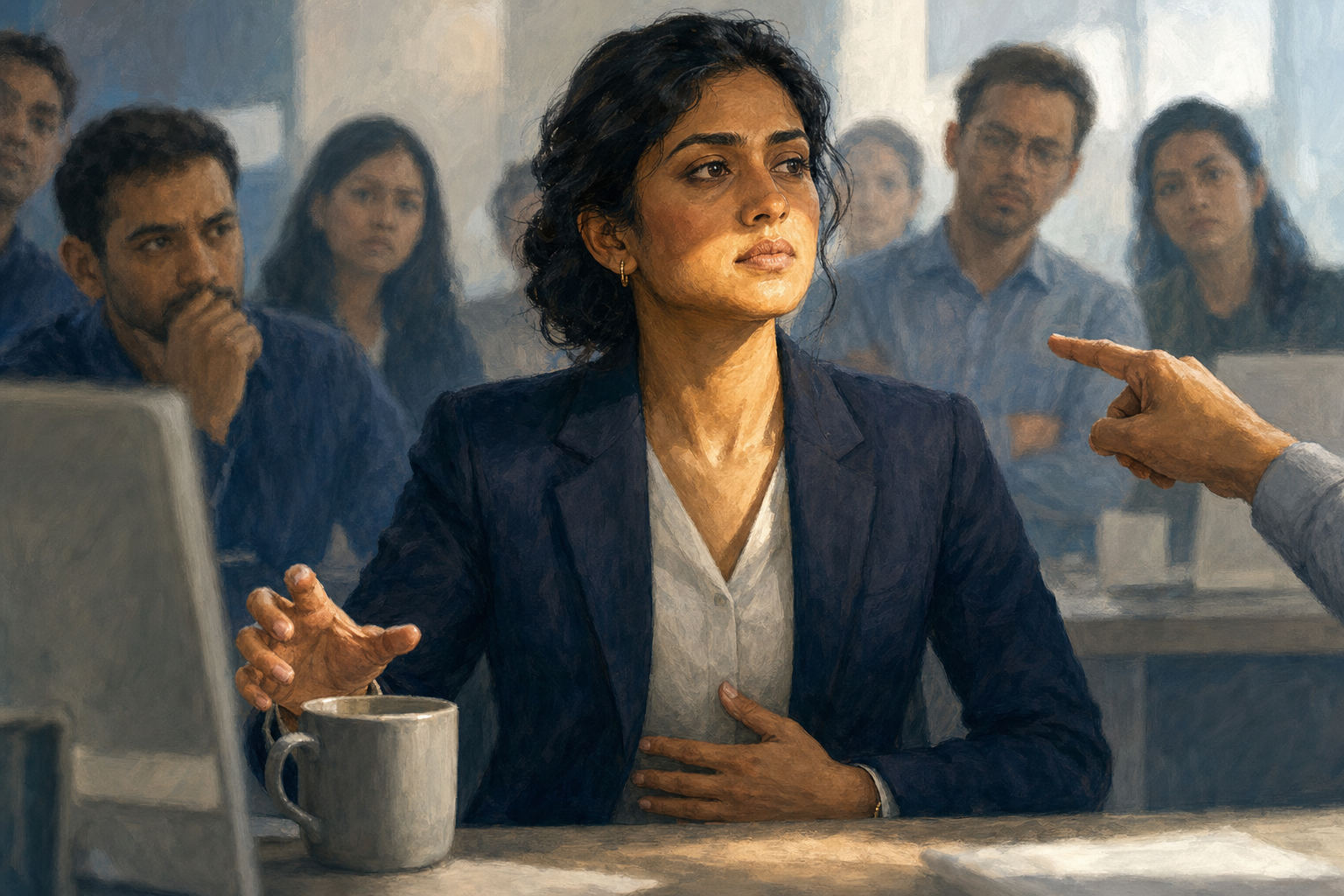 A professional pauses during a tense group discussion, loosening their grip on a mug while coworkers watch and another person gestures toward them.