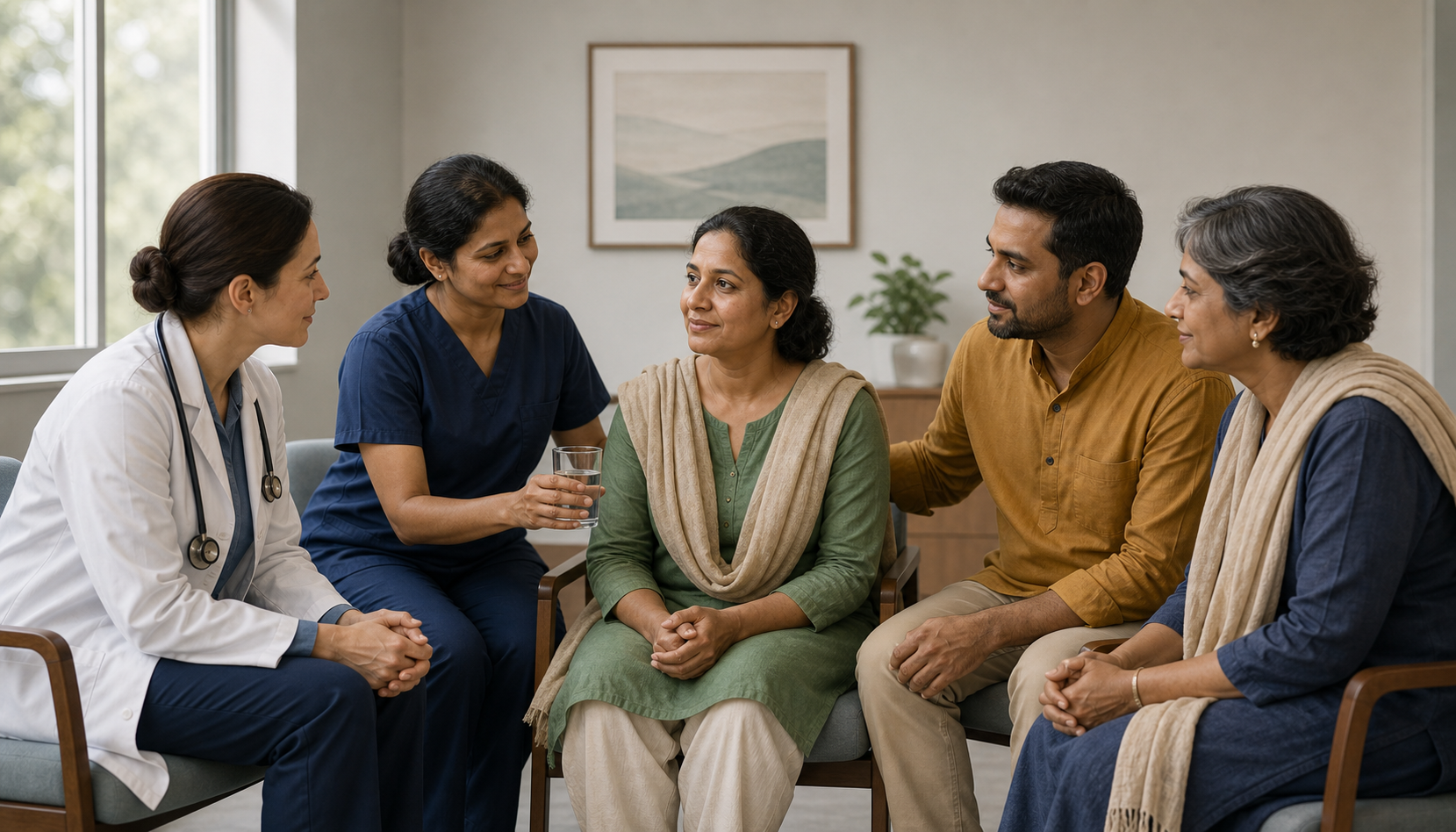 A patient meets at eye level with a physician, nurse, family advocate, and spiritual care companion in a community clinic.