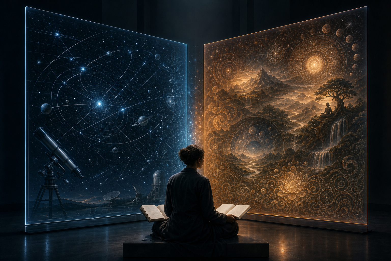 A seated researcher studies two angled translucent panels, one filled with stellar geometry and the other with layered cosmic patterns, overlapping only in a narrow illuminated area.