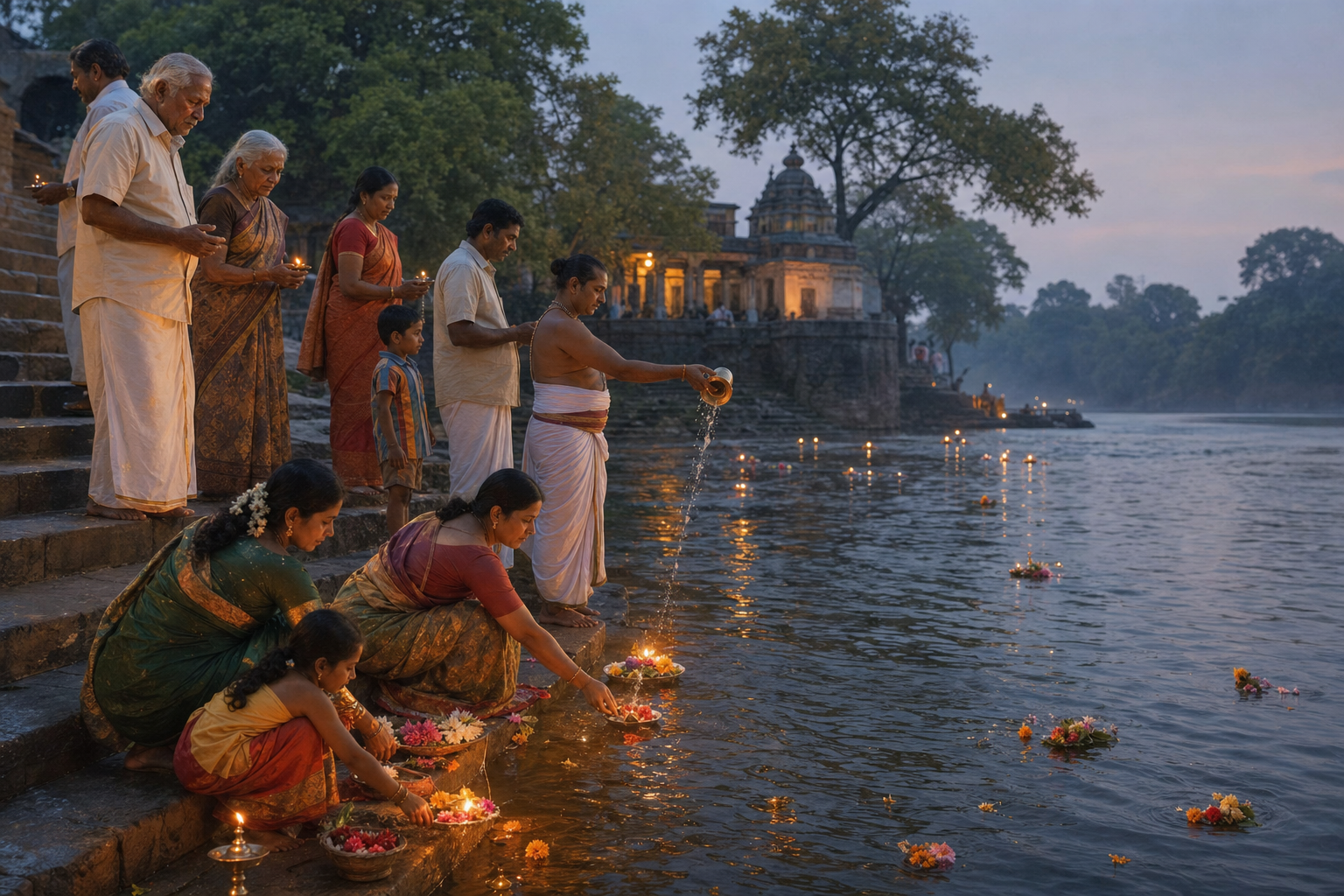 Families and a temple priest offer flowers, lamps, and water on stone steps beside the Kaveri River at dusk.
